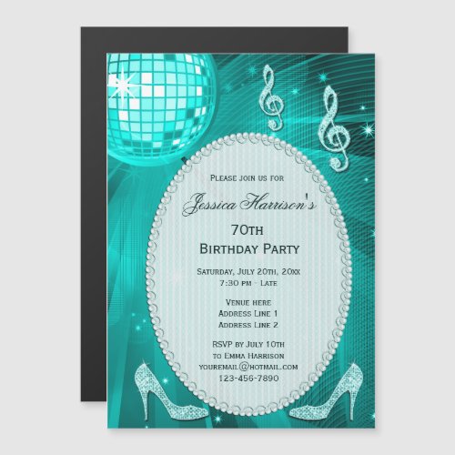 70th Birthday Sparkle Heels and Teal Disco Ball Magnetic Invitation