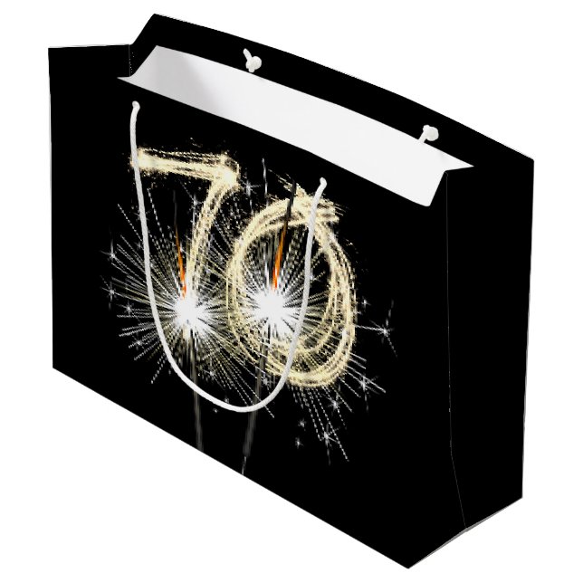 70th Birthday Sparklers On Black Large Gift Bag (Back Angled)