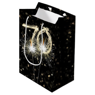 70th Birthday Sparklers on Black With Stars Medium Gift Bag