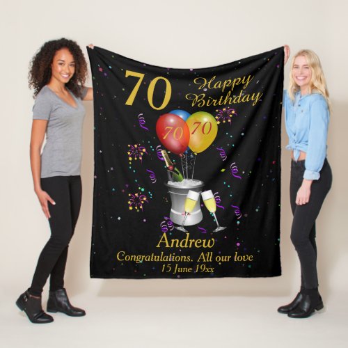 70th Birthday Sparkling Wine Celebration Black Fleece Blanket
