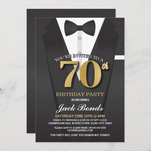 70th Birthday Spy Suit Black tie Gold Invitation