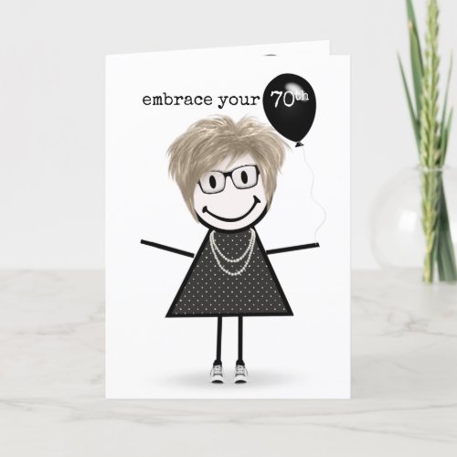 70th Birthday Stick Figure Girl with Balloon Card