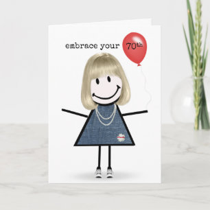 70th Birthday Stick Figure Girl with Red Balloon Card