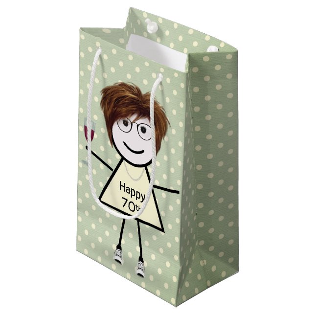 70th Birthday Stick Girl On Polka Dots   Small Gift Bag (Front Angled)