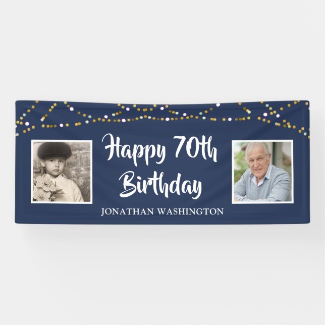 70th Birthday String Lights Photo Blue Banner (Horizontal)