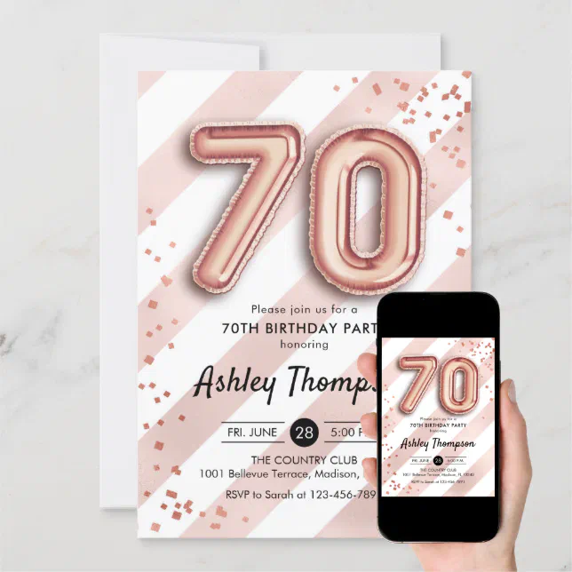 70th Birthday - Stripes Rose Gold Balloons Invitation | Zazzle