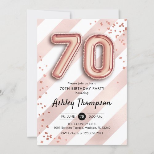 70th Birthday _ Stripes Rose Gold Balloons Invitation