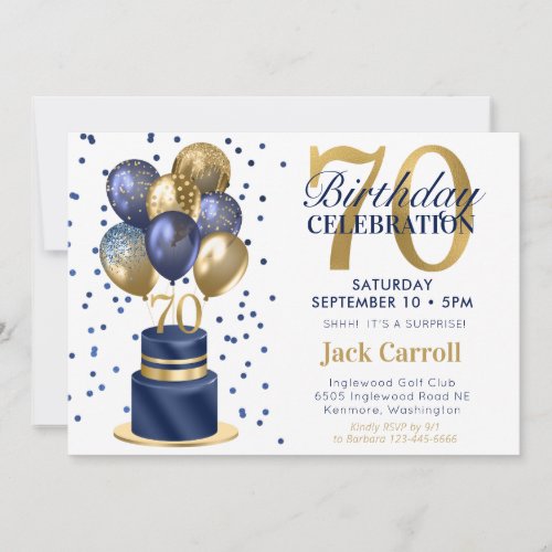 70th Birthday Surprise Navy Blue Cake Invitation