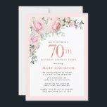 70th Birthday Surprise Party Blush Pink Floral Invitation<br><div class="desc">Honor a special woman with this elegant and feminine 70th Birthday surprise party invitation. 70th is written in large pink text. Birthday Surprise Party follows. The honored guest's name is also in pink capital letters. Blush pink roses and sage green leaves create a beautiful floral spray at the top. While...</div>