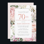 70th Birthday Surprise Party Blush Pink Floral Invitation<br><div class="desc">Honor a special woman with this elegant and feminine 70th Birthday Surprise Party invitation. 70th is written in large pink text. Birthday Surprise Party celebration follows. The honored guest's name is also in pink capital letters. The remainder of the text is soft dove grey. The birthday celebration details are surrounded...</div>