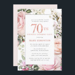 70th Birthday Surprise Party Blush Pink Floral Invitation<br><div class="desc">Honor a special woman with this elegant and feminine 70th Birthday Surprise Party invitation. 70th is written in large pink text. Birthday Surprise Party celebration follows. The honored guest's name is also in pink capital letters. The remainder of the text is soft dove grey. The birthday celebration details are surrounded...</div>