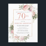 70th Birthday Surprise Party Pink Rose Floral  Invitation Postcard<br><div class="desc">Honor a special woman with this elegant and feminine 70th Birthday party invitation. 70th is written in large pink text. Suprise Birthday Party follows. The honored guest's name is also in pink capital letters. The remainder of the text is soft dove grey. The birthday celebration details are surrounded by a...</div>