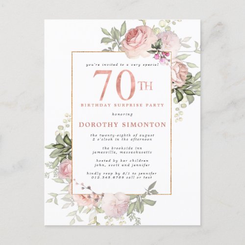 70th Birthday Surprise Party Pink Rose Floral  Invitation Postcard