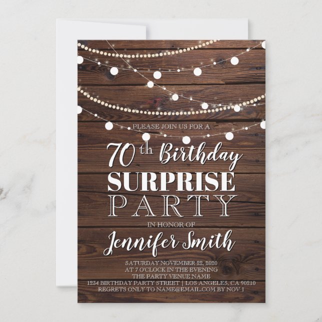 70th Birthday Surprise Rustic Wood String Lights Invitation (Front)