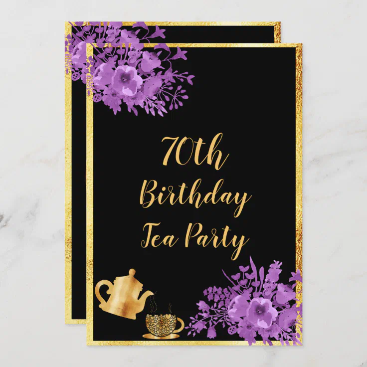 70th birthday tea party invitation gold black gold | Zazzle