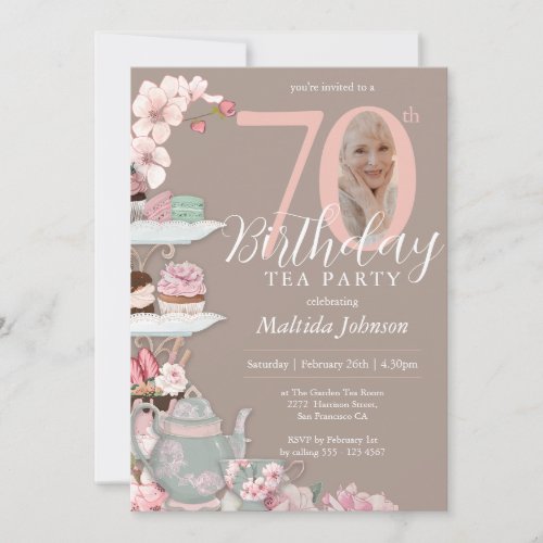 70th Birthday Tea Party Pink Floral Custom Photo  Invitation