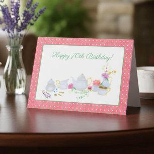 70th Birthday Tea Party, Pink Floral Teapot Design Card