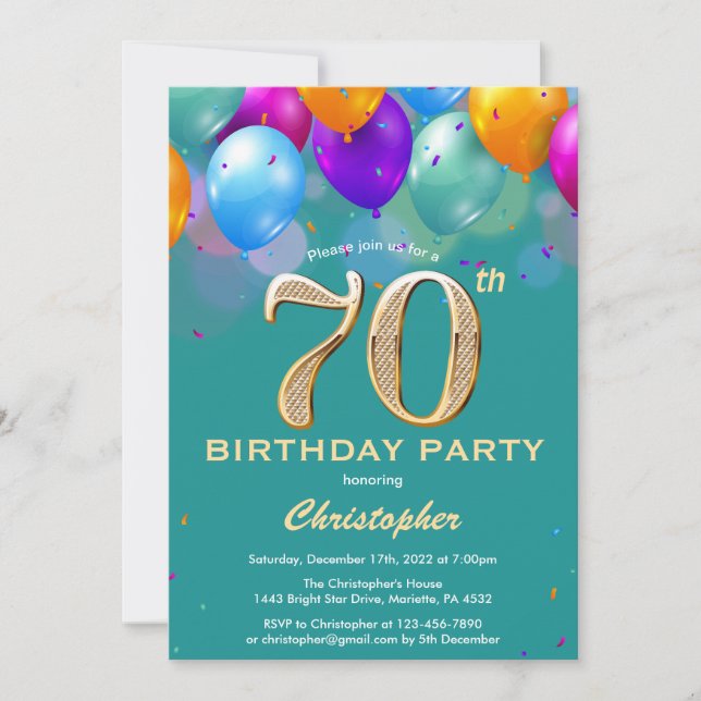 70th Birthday Teal and Gold Colorful Balloons Invitation (Front)