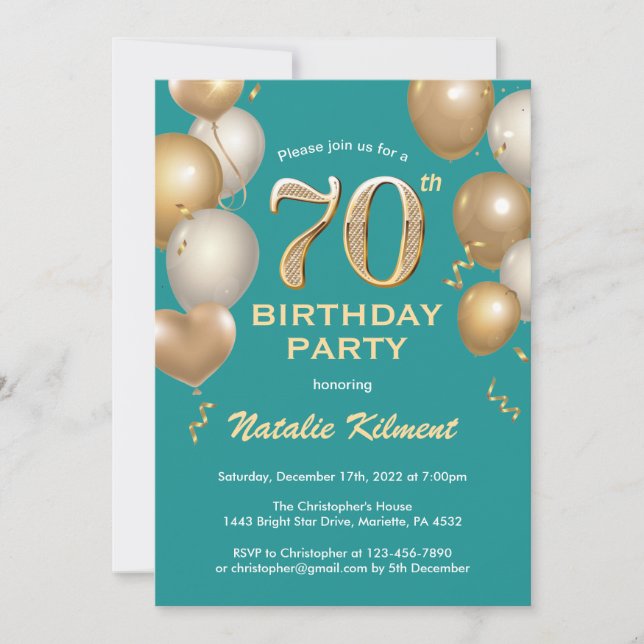 70th Birthday Teal and Gold Glitter Balloons Invitation (Front)