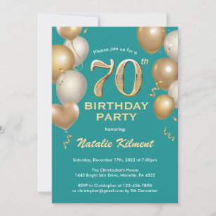 70th Birthday Teal and Gold Glitter Balloons Invitation