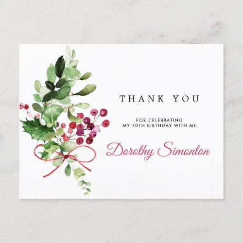 70th Birthday Thank You Rustic Winter Greenery Postcard