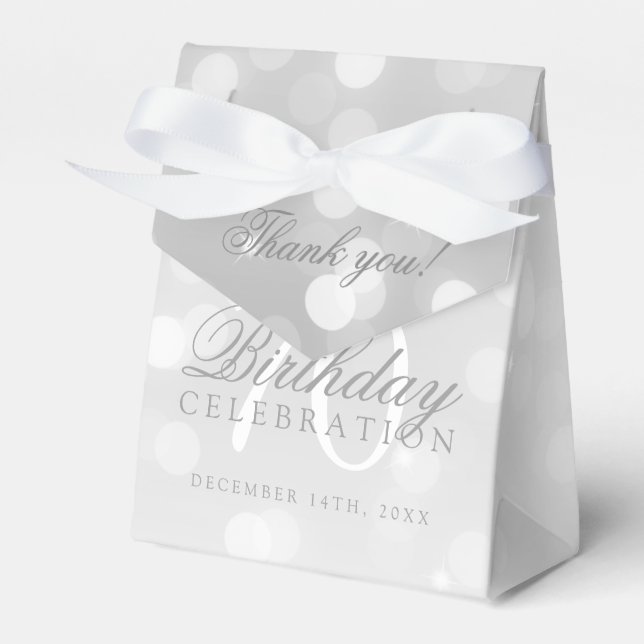 70th Birthday Thank You Silver Bokeh Sparkle Light Favor Boxes (Front Side)
