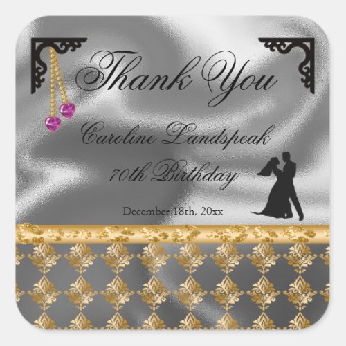 70th Birthday Thank You Silver Foil Gold Damask Square Sticker