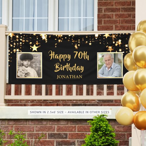 70th Birthday Then  Now Photos Black Gold Stars Banner