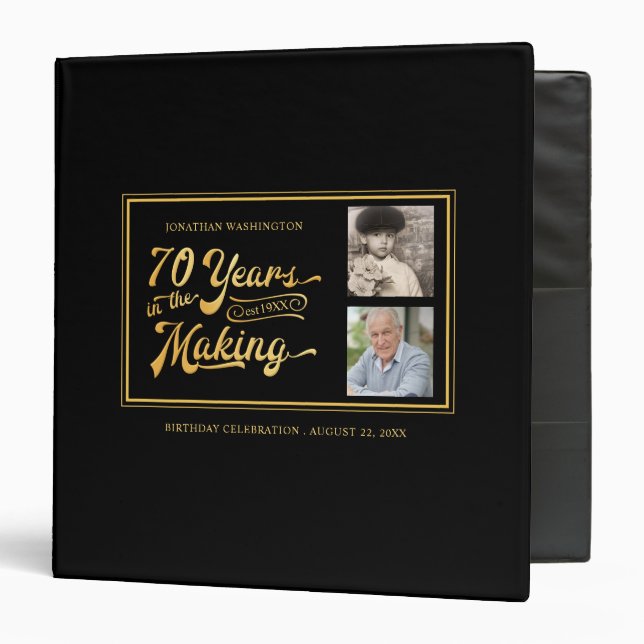 70th Birthday Then & Now Photos Retro Photo Album 3 Ring Binder (Front/Inside)