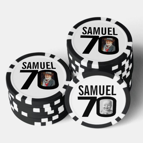 70th birthday two custom photos black and white poker chips