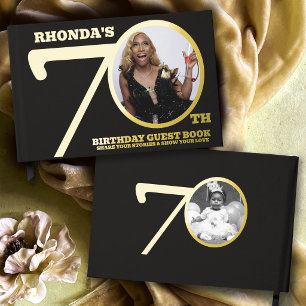 70th birthday two photos black gold foil guest book