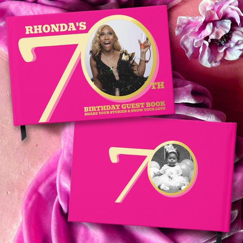 70th birthday two photos hot pink gold foil guest book 