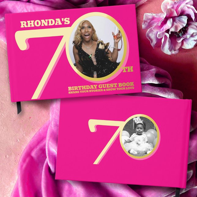 70th birthday two photos hot pink gold foil guest book  (Creator Uploaded)