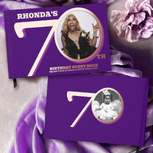 70th birthday two photos purple rose gold foil guest book