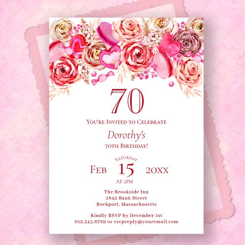 70th Birthday Valentine Pink Rose Swirly Heart Invitation