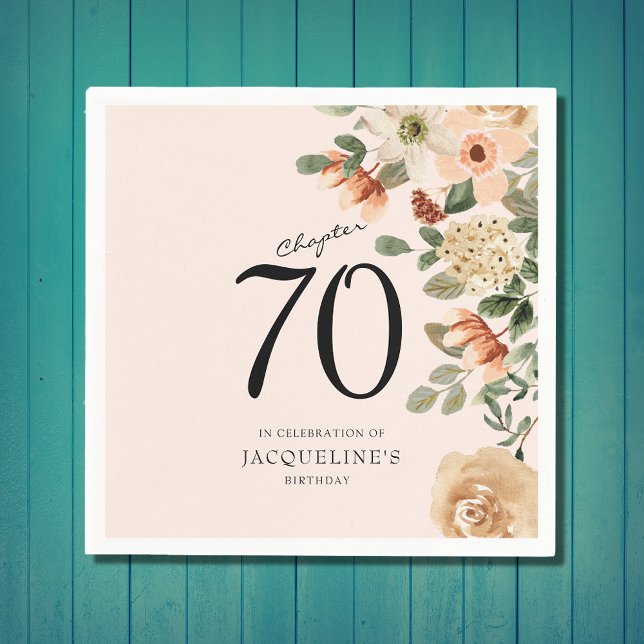 70th Birthday Vintage Floral Napkins (Unique 70th birthday celebration paper napkin. Vintage floral design. Easily customised template.)
