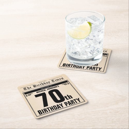 70th Birthday Vintage Old Newspaper Unique Custom Square Paper Coaster