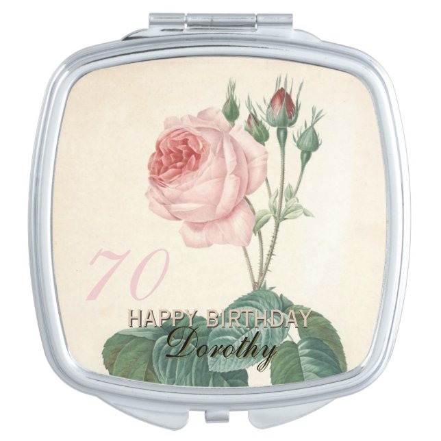 70th Birthday Vintage Rose Personalized Compact Mirror (Front)