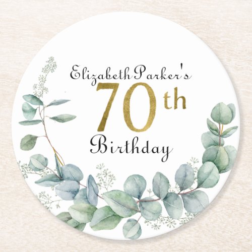 70th Birthday Watercolor Eucalyptus Gold  Round Paper Coaster