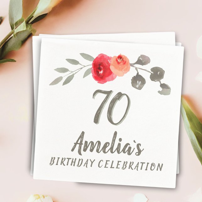 70th Birthday Watercolor Rose Floral Party Napkins (Creator Uploaded)
