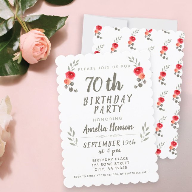 70th Birthday Watercolor Rose Twig Floral Party Invitation (Creator Uploaded)