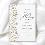 70th Birthday Watercolor Wildflowers Floral  Invitation<br><div class="desc">Beautiful and feminine, this 70th birthday party invitation celebrates a birthday in elegant style. This charming watercolor floral design has wildflowers in mixed pastel colors along the left border. All of the text may be personalized for your party. You can edit the age to any age! This invitation is available...</div>