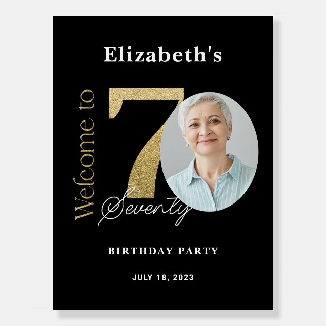 70th Birthday Welcome Sign Black Gold (Front)