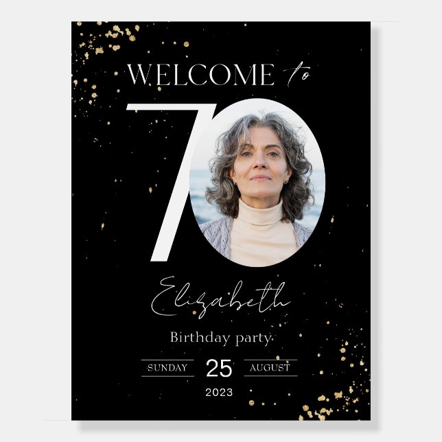 70th Birthday Welcome Sign Black Gold Board (Front)