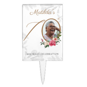 70th Birthday White Gold Floral Botanical Photo Cake Topper