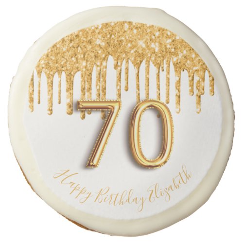 70th birthday white gold glitter balloon style sugar cookie