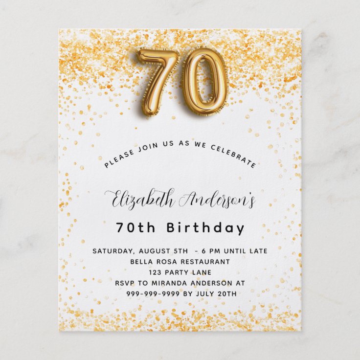 70th birthday white gold glitter budget invitation flyer | Zazzle