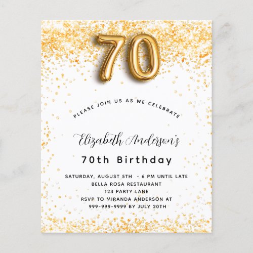 70th birthday white gold glitter budget invitation flyer