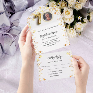 70th birthday white gold stars photo party RSVP All In One Invitation