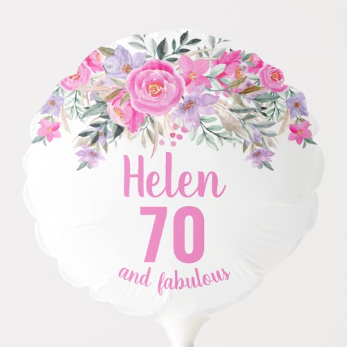 70th birthday white pink floral script name balloon